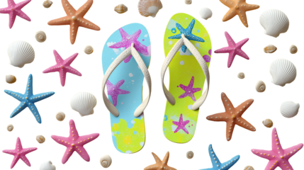 Flip-flops in bright colors with starfish and mini seashells, top view, beach theme, PNG 