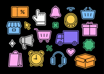Set of colorful e-commerce shopping and delivery icons. Decorative flat vector illustration collection of online shopping. 