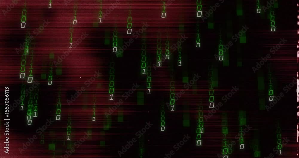 Poster dark glitching red static background starting green binary digits cascading representing data flow