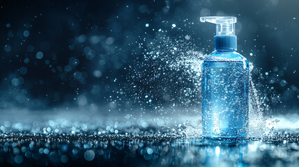 Blue Pump Bottle Surrounded by Water Splash and Light Reflection