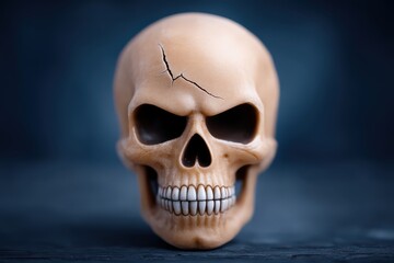 Obraz premium Captivating close-up of a cracked human skull exhibiting intricate details and textures against a soft-focus background evoking themes of mortality and existential reflection