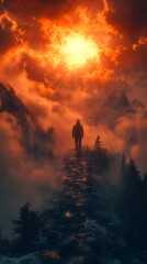 Obraz premium Majestic sunset over mountains with a lone figure walking along a rocky path surrounded by mist and vibrant clouds