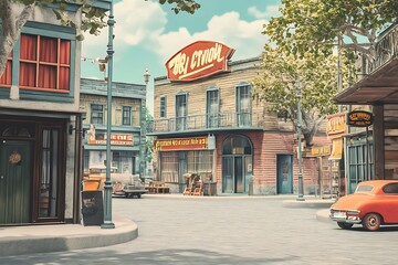 Nostalgic street scene evokes vintage charm with classic architecture and an old red car on a quiet day.