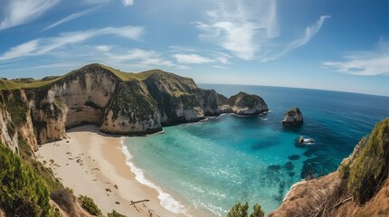 Beautiful coastal cliff and beach scene with clear sky and rock formations
