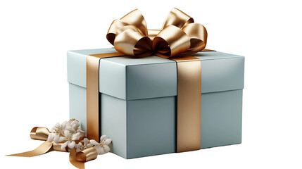 Elegant present box adorned with a luxurious gold bow and delicate white floral accents against a clean background transparent.
