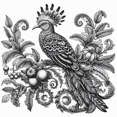 Fototapeta premium Exotic bird illustration, artistic mood, black and white detailed design, coloring page 