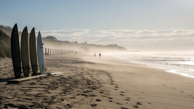 Surfboards lined up on sandy beach with people walking in misty background  