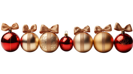 Festive Christmas arrangement showcases red and gold baubles, each adorned with charming bows, adding a touch of elegance transparent.
