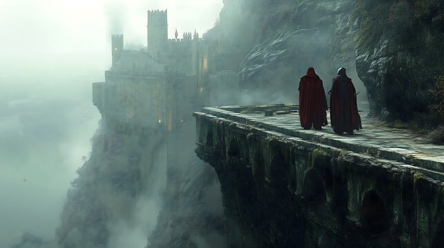 Two figures watch from a cliff edge overlooking a foggy landscape with a mysterious castle in the distance during twilight