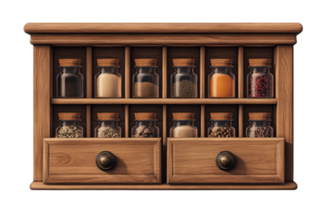Wooden Spice Rack Apothecary Jars Kitchen Herbs Gourmet Seasoning Flavors Culinary Pantry on transparent background