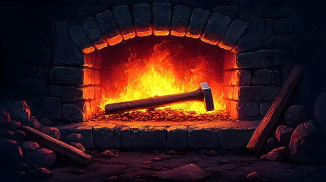 Forge with fire still burning as hammer rests, showcasing the artistry of blacksmithing - Powered by Adobe