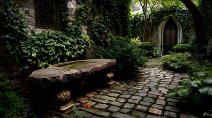 Unwind on Stone Bench Nestled Within Ivy Covered Courtyard for Charming Outdoor Retreat and Serenity