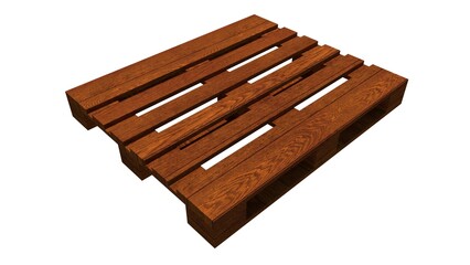 Rendered image of a single brown wooden pallet, from an isometric view against a white backdrop. Related to logistics, warehousing, shipping, supply chain management, inventory, packaging industries