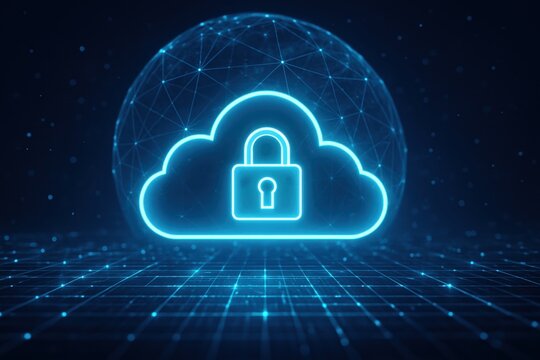 Secure Cloud Computing: A glowing blue cloud icon with a padlock symbolizes data security and protection in the digital age, set against a futuristic network backdrop.