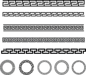 Greek style geometric seamless frames icon set isolated on transparent background. Decoration elements patterns. Vector collection frame design in grecian ancient style and meandros greek ornaments.