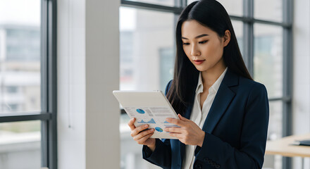 Businesswoman Analyzing Data: A focused and composed businesswoman, dressed in a sophisticated attire, is deeply engrossed in analyzing financial data on a digital tablet.