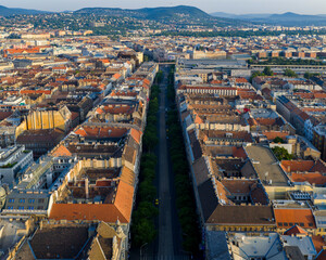 Aerial cityscape of Budapest downtown. Terez Boulevard, view towards Nyugati from Oktogon.