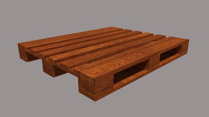 Rendered image of a single brown wooden pallet, from an isometric view against a gray backdrop. Related to logistics, warehousing, shipping, supply chain management, inventory, packaging industries