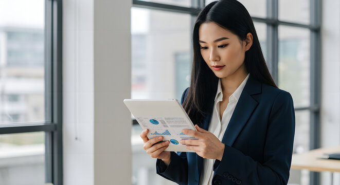 Businesswoman Analyzing Data: A focused and composed businesswoman, dressed in a sophisticated attire, is deeply engrossed in analyzing financial data on a digital tablet.