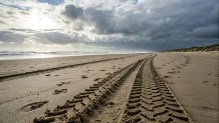 Tire tracks on sandy beach with cloudy sky and ocean in background