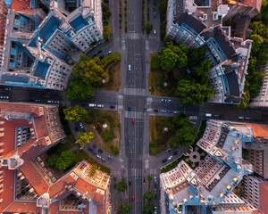 Aerial top down view of Kodaly Korond in Andrassy street, Budapest, Hungary