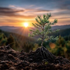 Sunrise Growth: New Pine Tree Hopeful Nature Scene