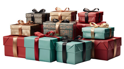 Elegant gift boxes in assorted colors with bows create a festive holiday or birthday celebration display perfect for retail or personal gifts transparent.