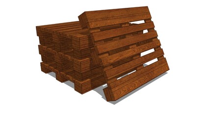 Rendered image of a stack of brown wooden pallets with one pallet leaning against the stack, from an isometric view against a white backdrop. Related to logistics, warehousing, shipping, inventory