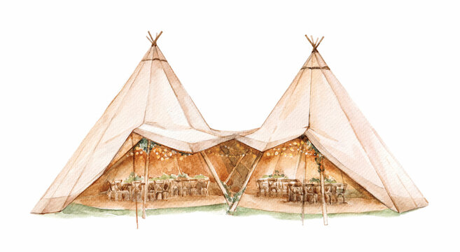 Watercolor wedding tipi tent with fairy lights and rustic decor. Perfect for boho invitations, party designs, camping themes, and nature celebration illustrations.