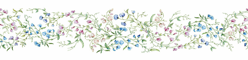 Watercolor sweet pea floral border with delicate vines and pastel blossoms. Perfect for wedding invites, fabric prints, scrapbooking, and romantic botanical designs
