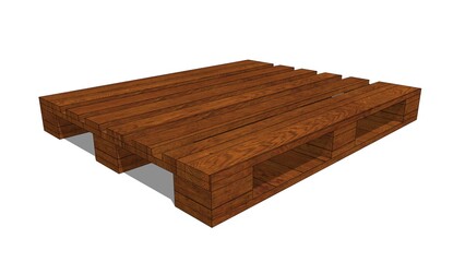 Rendered image of a single brown wooden pallet, from an isometric view against a white backdrop. Related to logistics, warehousing, shipping, supply chain management, inventory, packaging industries