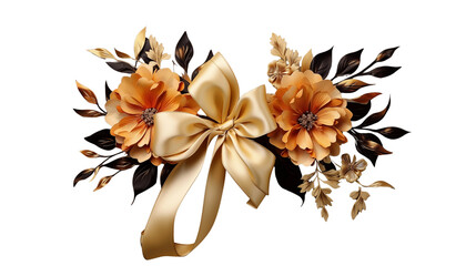 Festive flower bouquet with golden ribbon bow, perfect for celebrations or decorative elements, featuring floral design transparent.