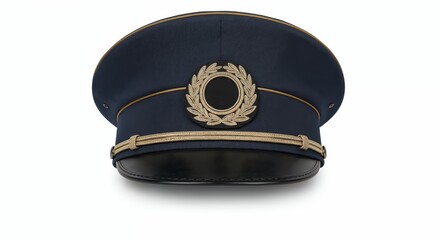Uniform train conductor hat isolated on white background, front view, high clarity on trim