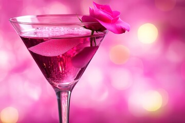 Pink cocktail drink with rose garnish.