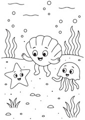 coloring book page two shells playing with starfish and jellyfish underwater