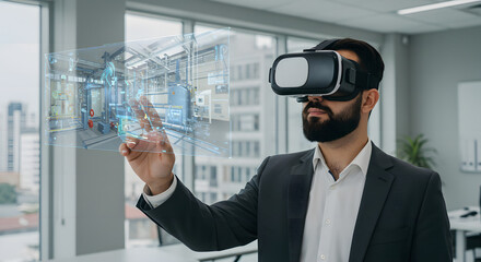 Visionary in VR: A sophisticated individual, immersed in a virtual reality world, wearing a sleek headset and interacting with holographic data, in a modern business setting.