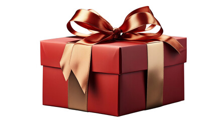 A beautiful red gift box tied with a golden ribbon sits elegantly against a pristine white background transparent.