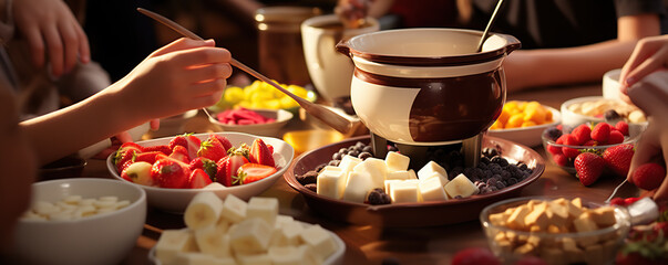 Friends enjoying a chocolate fondue party with fresh fruits and treats in an inviting indoor setting