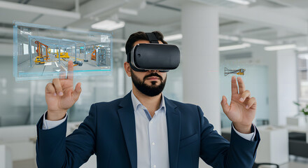 Virtual Reality in Tech: A focused individual, immersed in a sleek VR headset, engages with a digital interface, merging the physical and virtual worlds. A visual of technological progress.