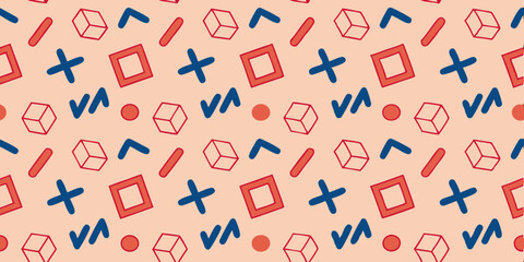 Geometric Pattern Play: An artful symphony of red and blue geometric shapes on peach canvas, a playful repeat pattern.