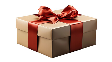 Elegant tan gift box tied with a red satin ribbon and bow presents a classic holiday celebration, isolated for easy design integration transparent.