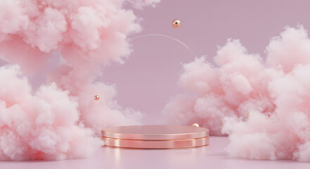 Elegant rose gold pedestal surrounded by soft pink clouds and gold spheres