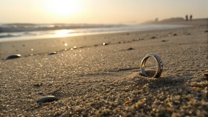 Silver wedding ring buried in sand on beach at sunset, concept of nature of environmental problem  