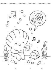Fototapeta premium coloring book page shell playing music and singing underwater