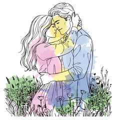 a line art illustration of a romantic couple embracing in a field of wildflowers, with subtle watercolor-like splashes of pastel pink, yellow, blue, and green