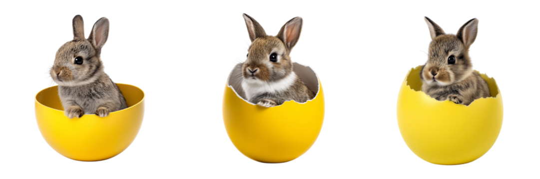 Set of an Easter bunny sitting in a yellow egg shell on a bright surface, isolated on a transparent background. - Powered by Adobe