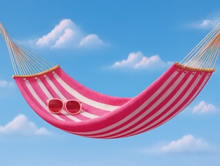 Striped hammock inviting relaxation beneath a clear blue sky adorned with soft clouds evoking a tranquil summer atmosphere perfect for leisure and comfort captured with clarity