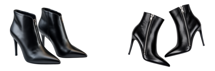 Set of black leather high heels, pointy-toe boots with zippers, isolated on a transparent background.