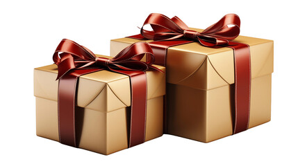 Two gold gift boxes tied with elegant red ribbons, perfect for birthdays, Christmas, or any special occasion transparent.