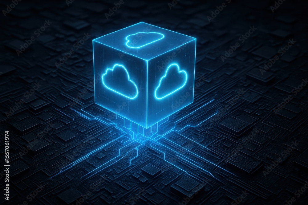 Poster cloud computing cube: futuristic glowing blue cube symbolizing cloud computing and data storage, dig